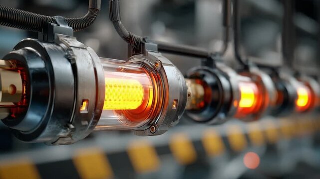Industrial Innovation: Close-up of cutting-edge technology, with rows of glowing tubes connected by intricate wiring, representing the forefront of modern advancement and technological progress.