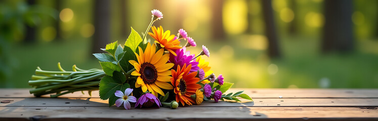 bouquet vibrant wildflowers spills across rustic wooden table soft focus blurred forest backdrop warm golden