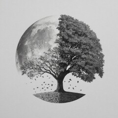 Monochromatic Harmony: A Detailed Pencil Drawing Capturing the Duality of a Vibrant Tree's Life Cycle and a Full Moon, Symbolizing Nature's Seasonal Transformation and Ethereal Balance.