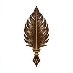 Ornate vintage gold and dark brown stylized quill feather emblem with an elegant 'W' initial, signifying heritage, wisdom, and refined literary tradition on a crisp white background.