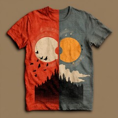 Retro Music & Nature Fusion T-Shirt: Dual-Tone Design Showcasing Vintage Vinyl Records, Flying Birds, Lush Pine Forests, and Melodic Notes in a Serene Landscape Art.