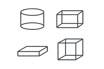 Basic three dimensional geometric shapes set: cylinder, cuboid, and cube outlines