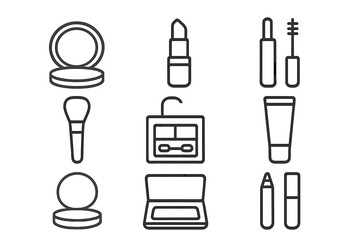 Minimalist outline icons of beauty products including lipstick, mascara, and powder compacts