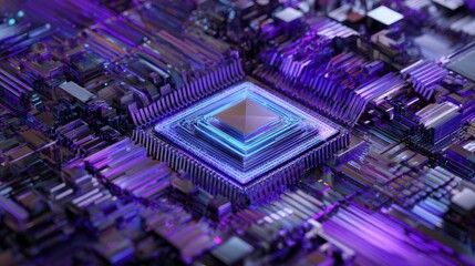Purple, violet, and blue microchip background with abstract digital circuits and 3d pcb technology, futuristic electronic connections representing innovation and modern computing