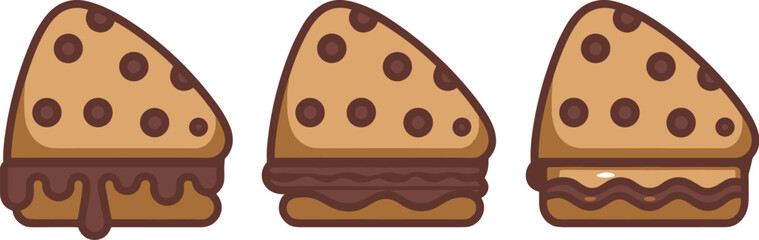Set of Three Triangular Chocolate Chip Sandwich Cookies Vector Illustration, Featuring Melted Chocolate Filling, Drizzle, and Detailed Sweet Snack or Dessert Graphics.