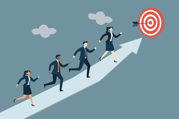 Business Team Running on Arrow Towards Target: Corporate Goal Achievement and Success Concept