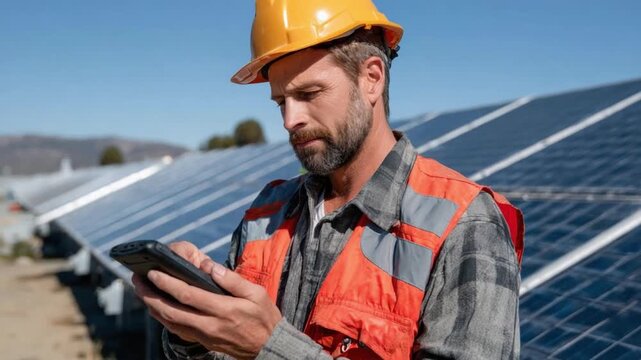 Solar Technician: A focused technician in a protective helmet, checks the functionality of a solar panel installation, ensuring sustainable energy