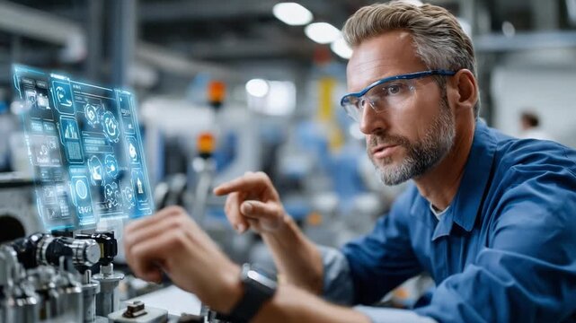 The Technician's Glance: A focused technician with protective eyewear engages with an interactive digital interface.