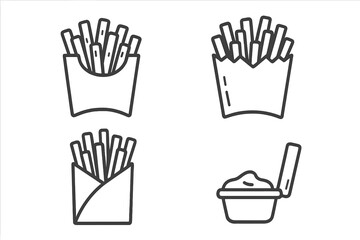 Minimalist outline icons of potato fries in various packages and dipping sauce