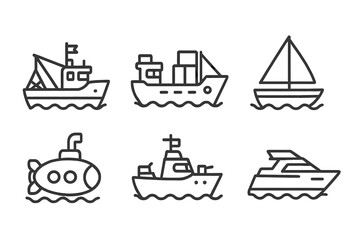 Collection of various water transport vessels including ships, boats, submarine, and sailboat