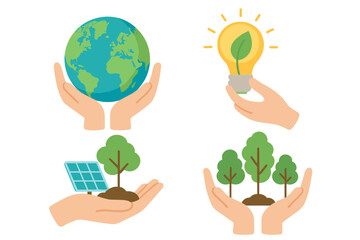 Hands holding Earth globe, green energy lightbulb, solar panel, and trees for environmental protection