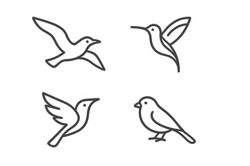 Minimalist outline symbols featuring various flying and standing birds in nature