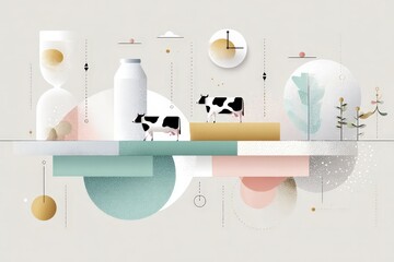Modern abstract composition with cows and milk bottle in geometric landscape
