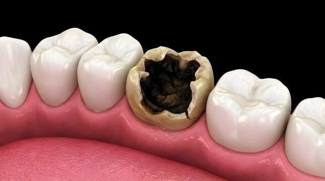 3D Illustration of Severe Tooth Decay in Molar Row