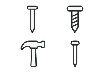 Outline set of carpentry tools and fasteners including various nails, a screw, and a hammer head