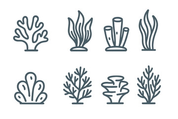 Minimalist outline symbols of underwater sea plants and coral organisms