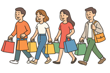 Four smiling people walking side by side carrying colorful shopping bags after a successful day