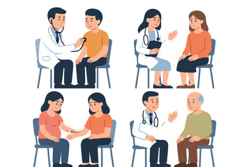 Diverse medical consultations, doctor patient checkups, and prenatal care interactions