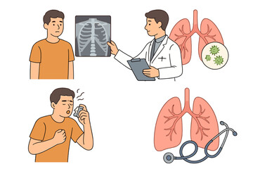 Doctor consultation, patient -ray review, asthma treatment, and lung disease symbols
