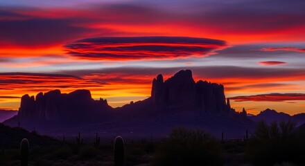 Dramatic sunset casts fiery hues over silhouetted desert mountain landscape serene vista