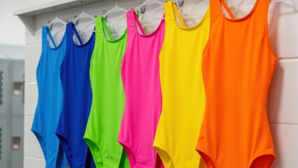 Colorful swimsuits displayed on hangers in locker room setting