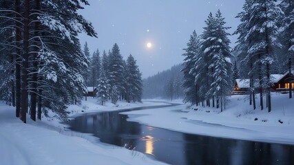 Magical Winter Night Landscape with River, Snow-Covered Pines, and Cozy Cabins under Moonlight