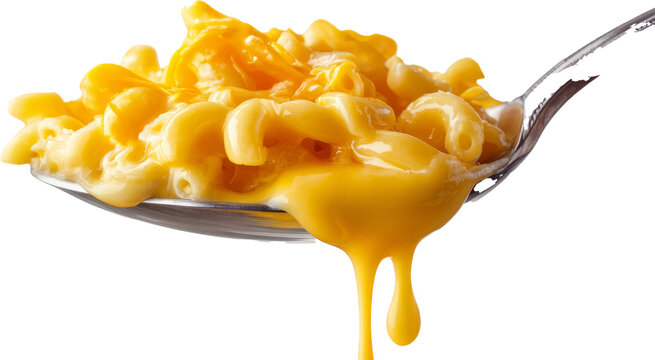 cheesy mac and cheese on spoon isolated on white or transparent background