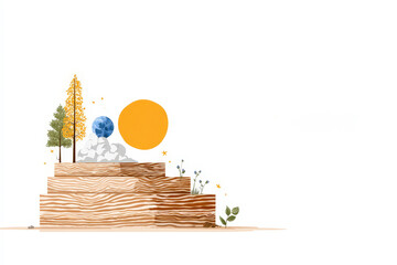 Minimalist nature scene with sun and small planet on wooden layers