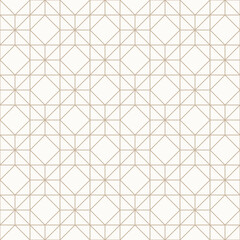 Fototapeta premium Thin golden brown outlines on light beige background, seamless geometric linear pattern. Perfect for wallpapers, textiles, packaging, wrapping paper, gold line texture