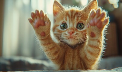 Cute orange kitten with paws raised, looking adorably curious indoors.