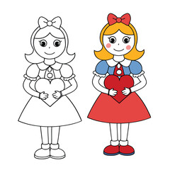 A cute doll with big charming eyes holds a sweet Valentine gift, surrounded by hearts and ribbons. A delightful coloring page full of love, joy, and adorable details.