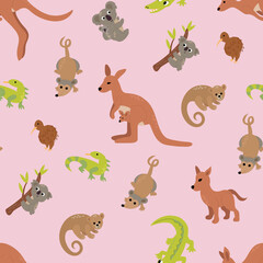Seamless Pattern of Australian Animals on Pink. Endless patterns for your design	