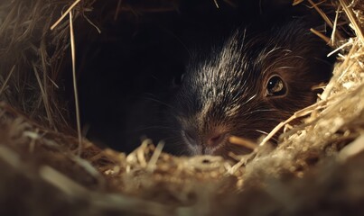 Adorable guinea pig peeking out from a cozy hay nest, soft indoor light highlighting the fluffy fur and curious eyes of the little pet