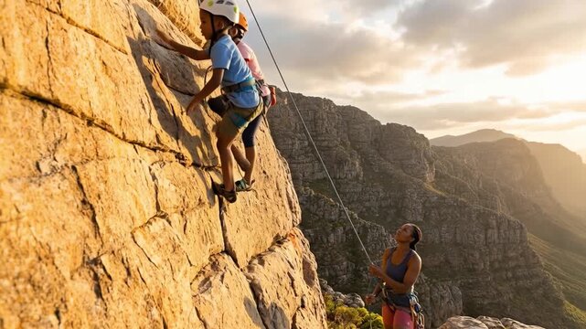 Ni&ntilde;os escalando una pared rocosa al aire libre con equipo de seguridad y supervisi&oacute;n adulta al atardecer en la monta&ntilde;a.