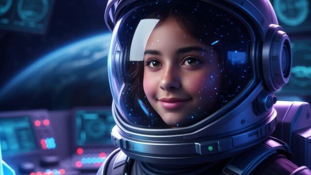 Ni&ntilde;a astronauta en estaci&oacute;n espacial con traje futurista sosteniendo holograma de cohete frente a la Tierra.