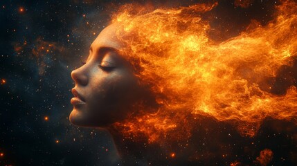 Fiery surreal portrait of a woman with closed eyes her flowing hair transforms into blazing flames against a cosmic background, imagination, energy, creativity, fantasy, passion, powerful inspiration.