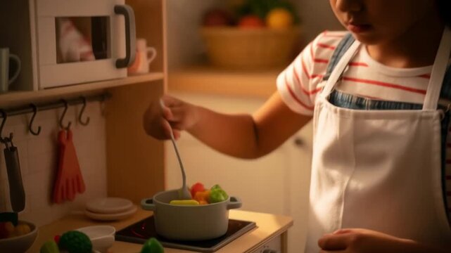 Ni&ntilde;a cocinera concentrada preparando una comida saludable en una cocina de juguete.