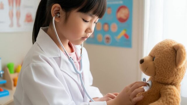Ni&ntilde;a jugando a ser doctora revisando a un osito de peluche en una consulta infantil.