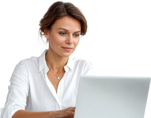 female office worker using laptop isolated on white or transparent background