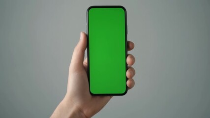 A person's hand holding a modern smartphone with a vivid green screen display, performing a clear vertical swipe-up gesture for dynamic content presentation. - Powered by Adobe