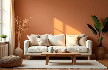 soft focus wide shot warmly lit living room sunset features plush sofa centered beneath rustic wooden coffee table