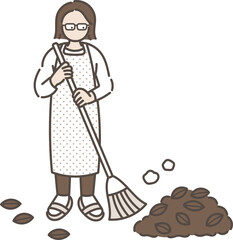 落ち葉の掃除をする40代女性のイラスト