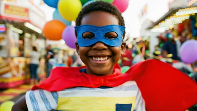 Ni&ntilde;o disfrazado de superh&eacute;roe con capa roja y m&aacute;scara azul, sonriendo entre globos y confeti en una feria callejera.