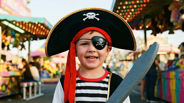 Ni&ntilde;o disfrazado de pirata con espada de juguete posa sonriente en una feria colorida, rodeado de puestos y luces festivas durante el atardecer.