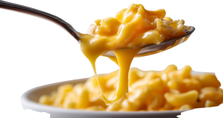 spoonful of macaroni and cheese with dripping cheese sauce isolated on white or transparent