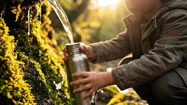 Ni&ntilde;o llenando una cantimplora de metal con agua fresca de un manantial en medio del bosque al atardecer.