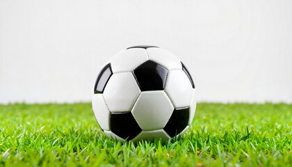 Obraz premium a standard soccer ball with black and white pentagon pattern resting on well-maintained green grass, isolated on neutral background
