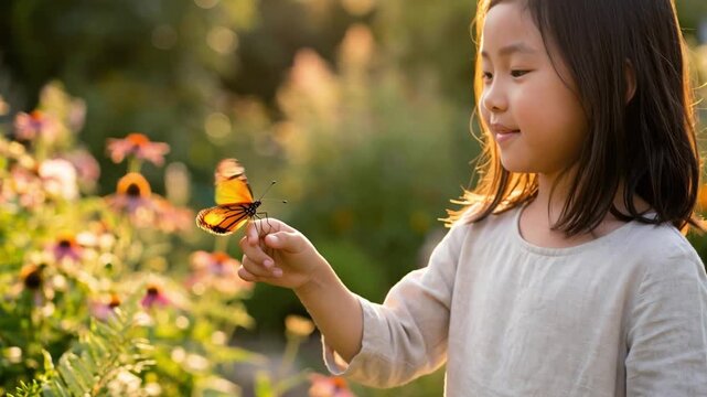 Ni&ntilde;a observando una mariposa monarca posada en su dedo en un jard&iacute;n florido al atardecer.