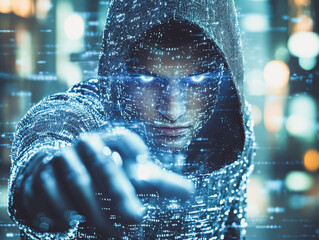 Man in a hood with glowing eyes on a digital background. Concept of confidential data leak, hacker threat and cybercrime.