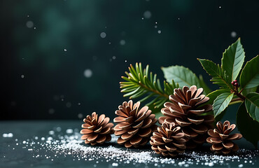 serene still life winter elements pinecones holly snowflakes richly textured inky black backdrop softly lit